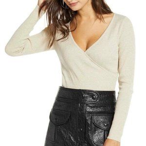 Leith Ribbed Wrap Long Sleeve Top in Oatmeal, Size M